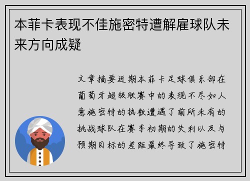 本菲卡表现不佳施密特遭解雇球队未来方向成疑 本菲卡表现不佳施密特遭解雇球队未来方向成疑